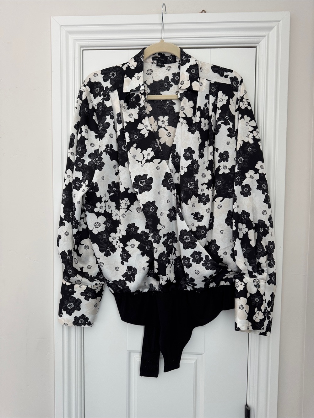 Ann Taylor Black & White Floral Wrap Bodysuit